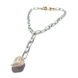 MPR x THE IMAGINARIUM: White Baroque Pearl + White Oval Paperclip Chain Lariat Necklace