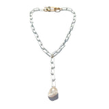 MPR x THE IMAGINARIUM: White Baroque Pearl + White Oval Paperclip Chain Lariat Necklace