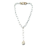 MPR x THE IMAGINARIUM: White Baroque Pearl + White Oval Paperclip Chain Lariat Necklace