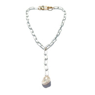 MPR x THE IMAGINARIUM: White Baroque Pearl + White Oval Paperclip Chain Lariat Necklace