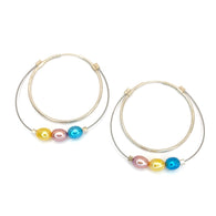 Large Stone Hoops in Pastel Primary Pearls and Silver