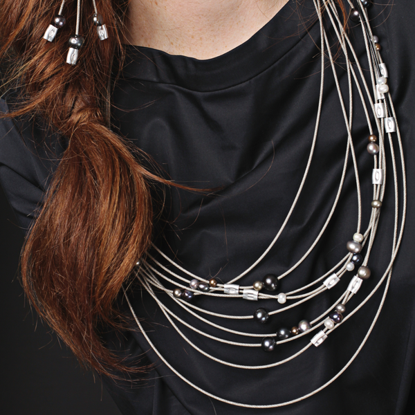 MPR Maxi Cable Collection: Orbital Swirl Necklace in Steel with Freshwater Pearls